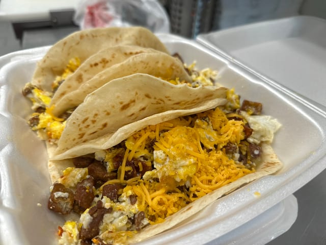 Eggs, Sausage & Cheese Taco.