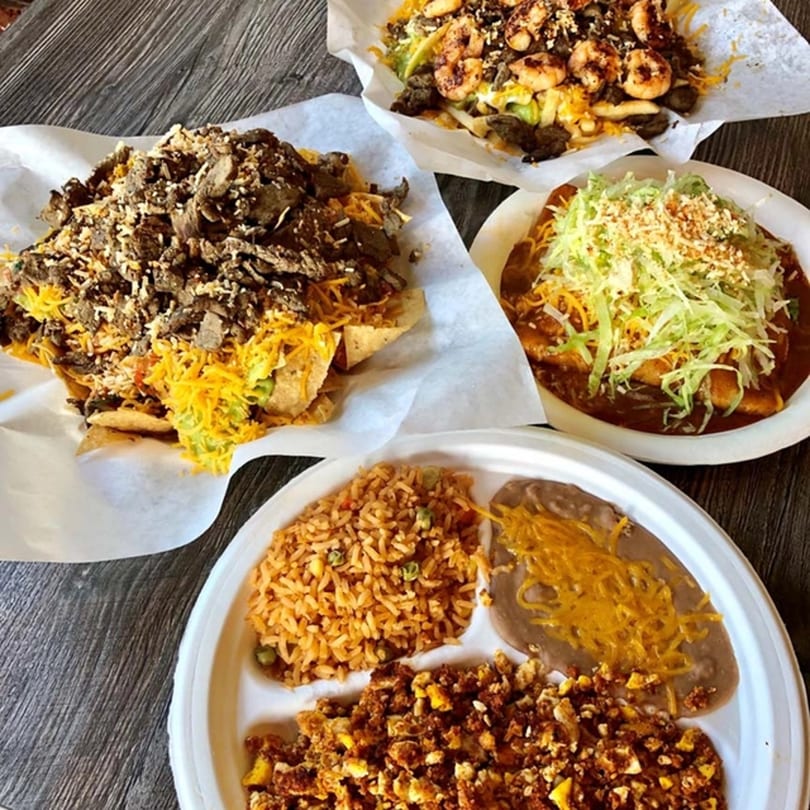 Roberto's Taco Shop's carne asada nachos, shrimp nachos, enchiladas, and a combo plate.