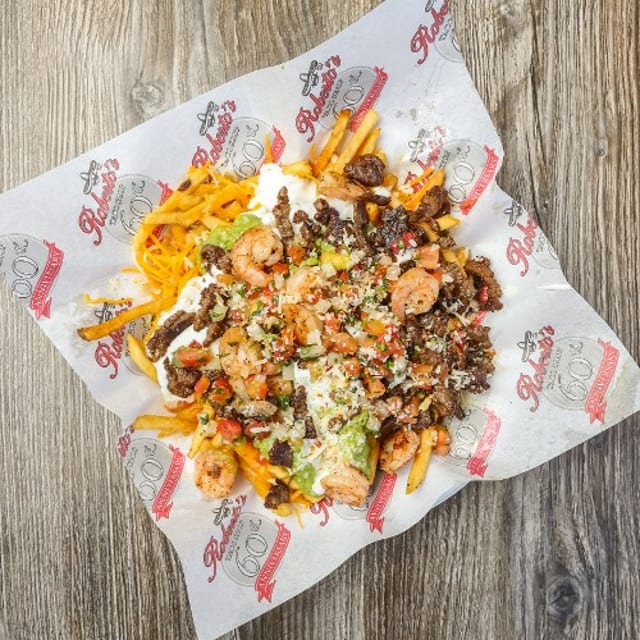 SURF & TURF FRIES - CHEESE, ASADA, SHRIMP ,GUAC, SOUR CREAM, QUESO.