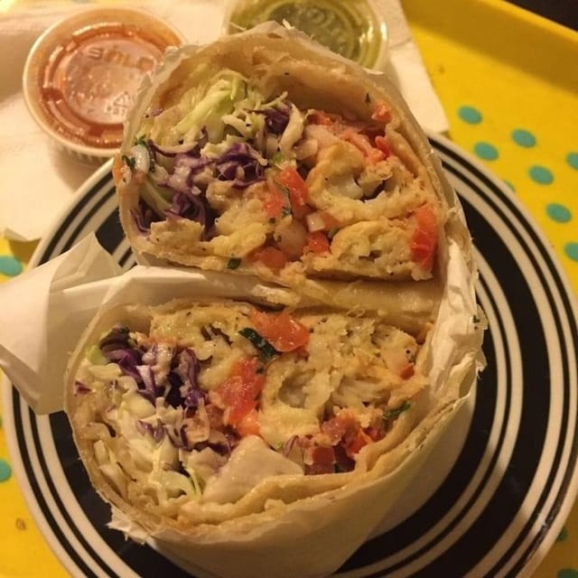 SHRIMP BURRITO - SHRIMP, RICE, SALSA FR, CABBAGE, WHITE SAUCE.